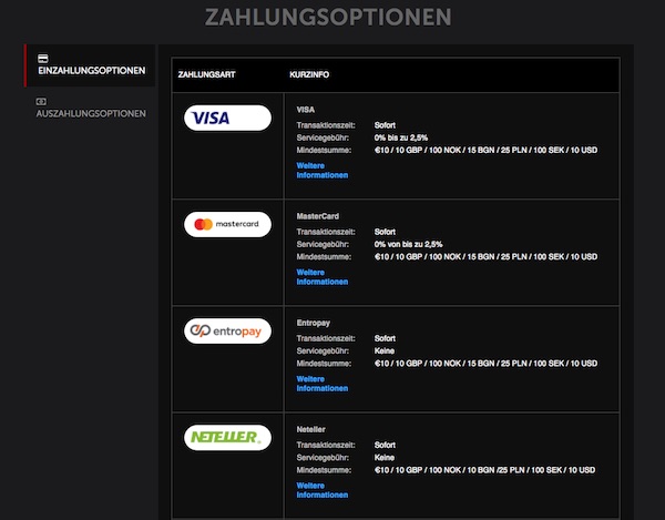 Betsafe Zahlungsoptionen Screenshot
