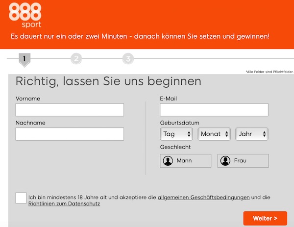 Registrierungsformular bei 888sport