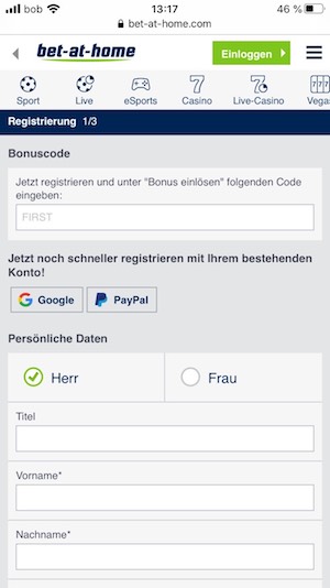 Screenshot der Bet-at-home Erstanmeldung am Smartphone