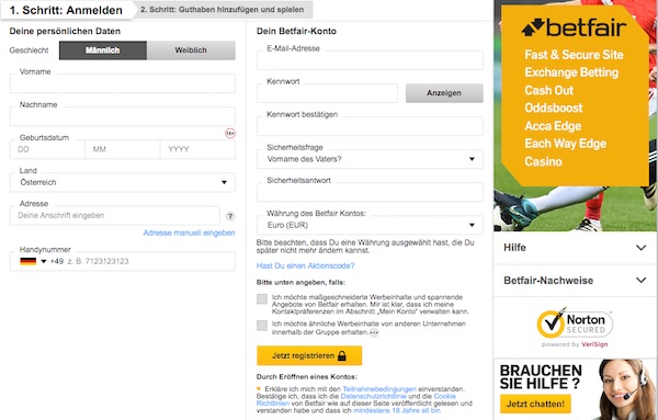 Registrierungsformular bei Betfair