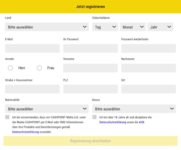Das Registrierungsformular bei Cashpoint
