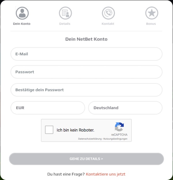 Registrierungsformular bei NetBet