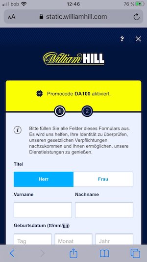 William Hill Screenshot der Erstanmeldung am Smartphone Browser