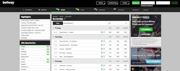 Betway Wettangebot und Quoten zur Bundesliga