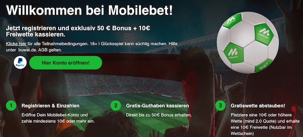 Exklusiver Mobilebet Bonus - 50€ Bonus + 10€ Freiwette