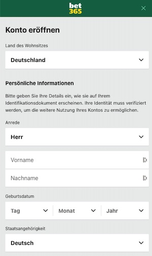 bet365 Registrierung (Screenshot)