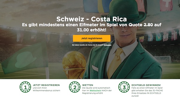 Schweiz-Costa Rica: MrGreen Quote 31.0 auf einen Elfmeterpfiff