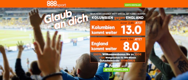 Kolumbien-England: Mega Quoten von 888sport