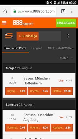 Screenshot der mobilen 888sport Seite