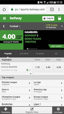 Betway Wettprogramm in der mobilen Ansicht