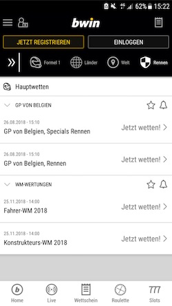 Screenshort: Wettangebot in der Bwin App