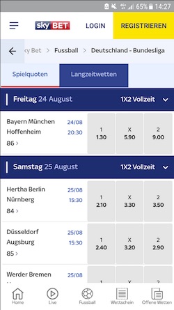 Das Wettprogramm in der SkyBet App