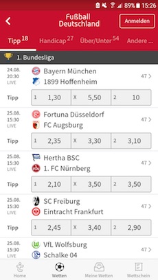 Screenshot des Wettangebots in der Tipico App