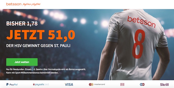 Quote 51.0 auf HSV besiegt St. Pauli bei Betsson