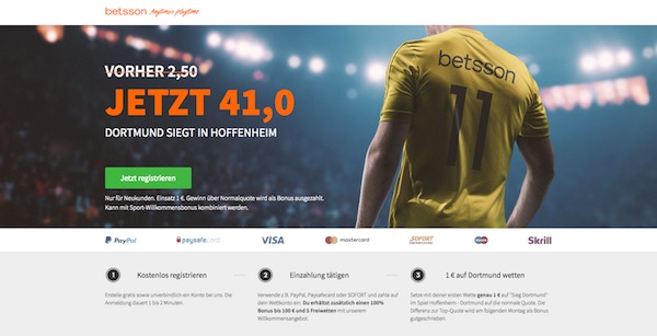 Betsson: Quote 41.0 auf BVB siegt bei Hoffenheim