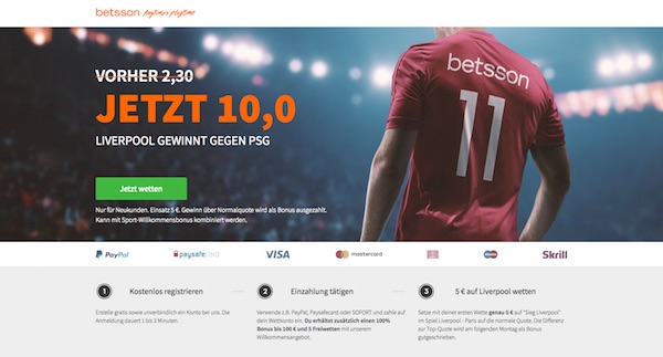 Betsson: Quote 10.0 auf Liverpool besiegt PSG