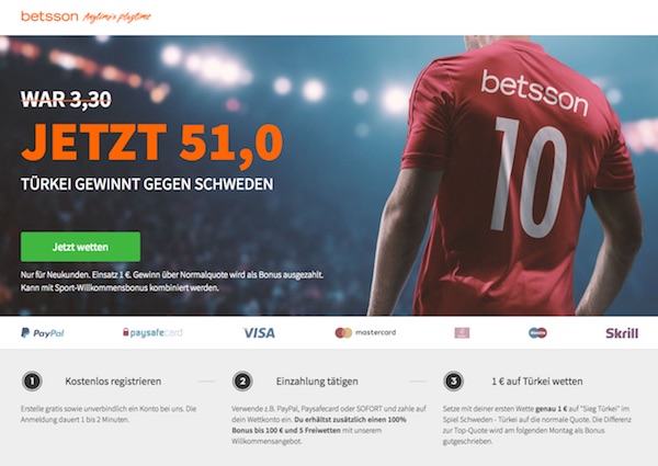 Betsson: Quote 51.0 auf Türkei besiegt Schweden