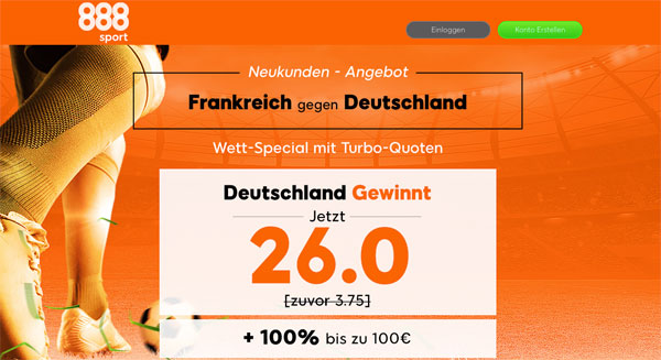 Turbo Quoten bei 888sport: 26.0 auf Deutschland gewinnt vs Frankreich