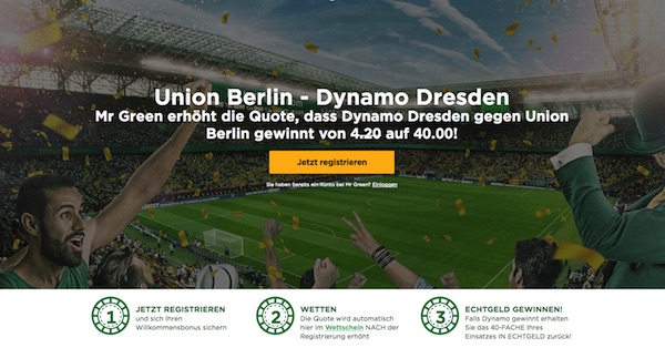 MrGreen: Quote 40.0, wenn Dynamo bei Union gewinnt