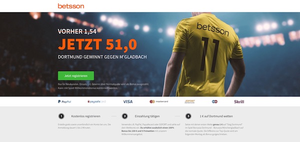 Quote 51.0 auf Dortmund schlägt Mönchengladbach für Betsson Neukunden