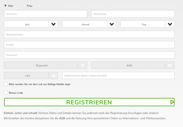 So sieht das Registrierungsformular bei Bahigo aus