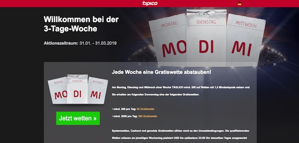 Hol dir eine 50€ Gratiswette bei der Tipico 3 Tage Woche