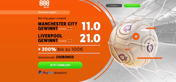 Erhöhte Quoten bei 888sport zu Manchester City-FC Liverpool