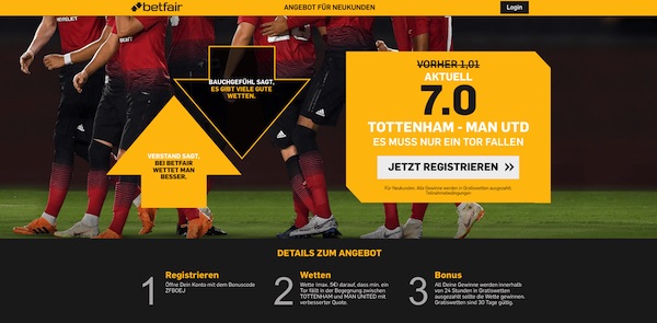 Tottenham-ManUtd bei Betfair: Quote 7.0, wenn zumindest ein Tor fällt