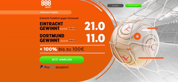 Mega Angebot von 888sport: 21.0 auf die Eintracht oder 11.0 auf den BVB
