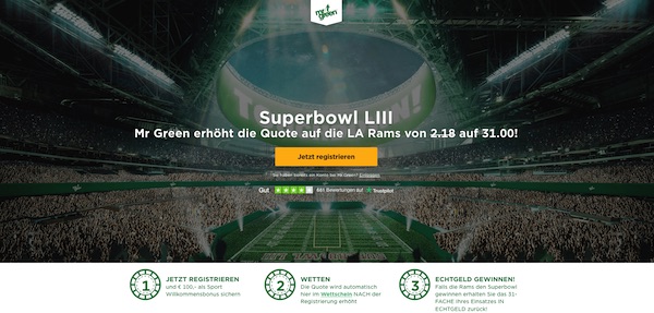 Mr Green: Quote 31.0 auf die Rams in der Super Bowl