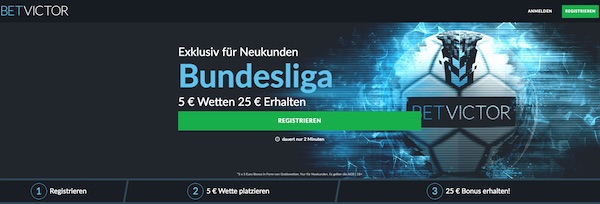 BetVictor Bundesliga Angebot: 5 x 5€ in Gratiswetten bekommen