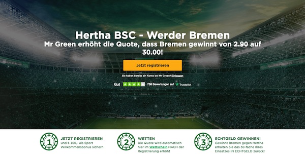 Werder-Sieg vs. Hertha? Quote 30.0 bei Mr. Green