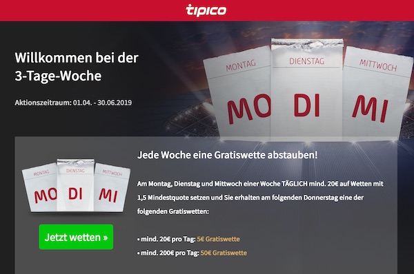 Hol dir eine 50€ Gratiswette bei der Tipico 3 Tage Woche
