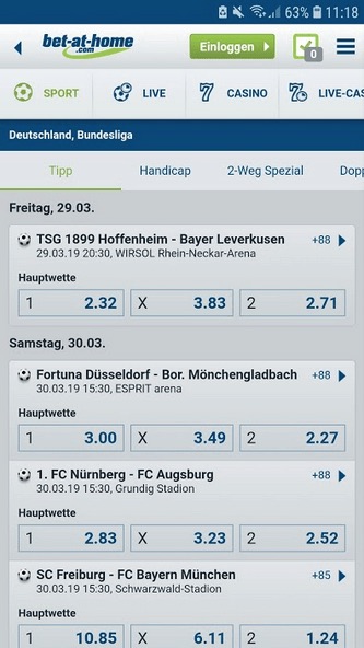 Bet at home, mobile Version: Screenshot vom Wettprogramm