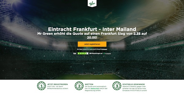 Frankfurt schlägt Inter? Quote 20.0 bei Mr. Green