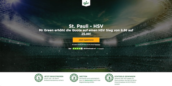 Quote 25.0 auf einen Derby-Erfolg des Hamburger SV (Mr. Green)