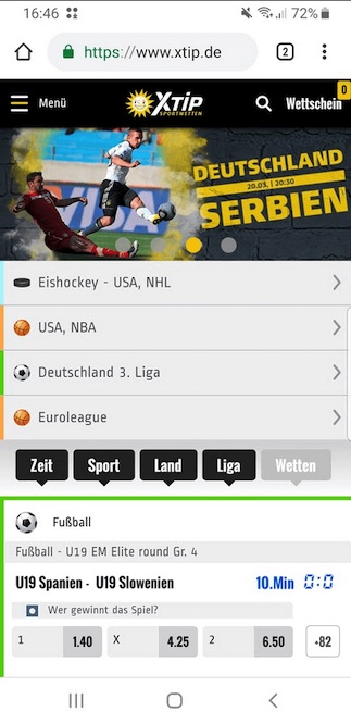 Screenshot der mobilen XTiP Seite