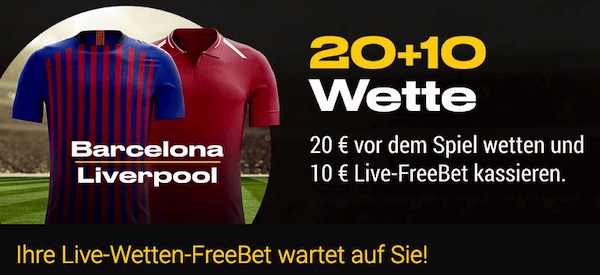 20€ wetten, 10€ Live Freebet bekommen - Barcelona-Liverpool bei Bwin