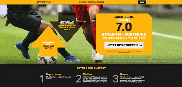 Bayern-BVB: Quote 7.0, wenn zumindest 1 Tor fällt (Betfair)