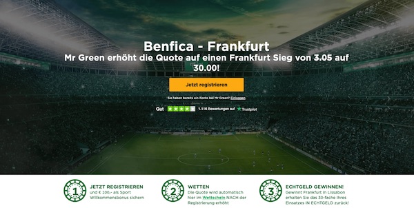 Quote 30.0 auf Eintracht besiegt Benfica (Mr. Green)