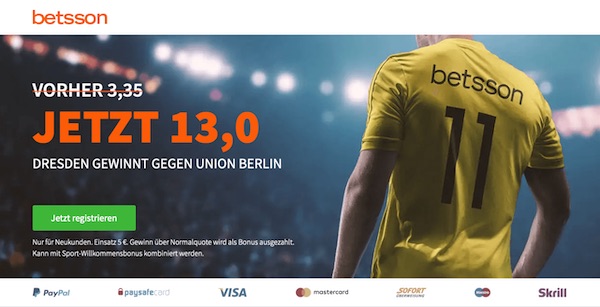 Betsson: 17er-Quote auf Dynamo Dresden besiegt Union Berlin