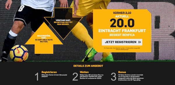 Wettquoten Special bei Betfair: 20.0 auf die Eintracht