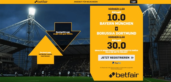 Betfair Wettquoten Aktion: 10.0 auf Bayern, 30.0 auf Dortmund