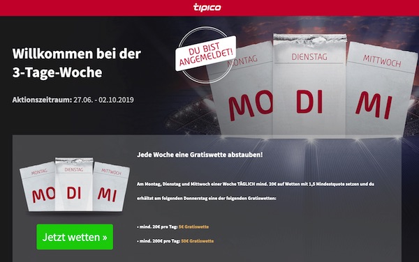 50€ Gratiswette wartet bei der Tipico 3 Tage Woche wöchentlich