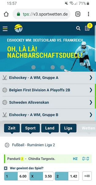 Mobile Ansicht der sportwetten.de App