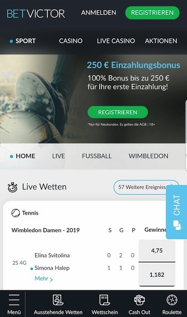 Die BetVictor App Startseite als Screenshot