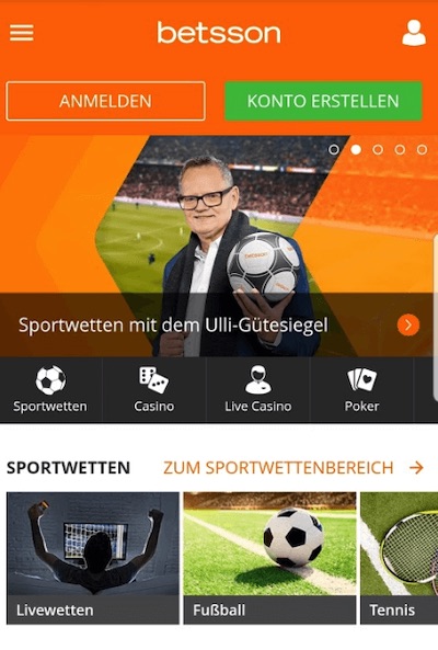 Betsson: Screenshot von der mobilen Ansicht