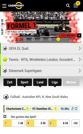 Screenshot der mobilen Cashpoint Startseite