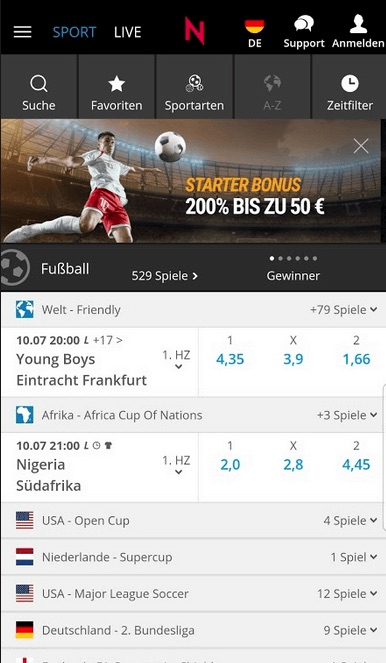 Menü bei NEO.bet mit Wetten & Quoten