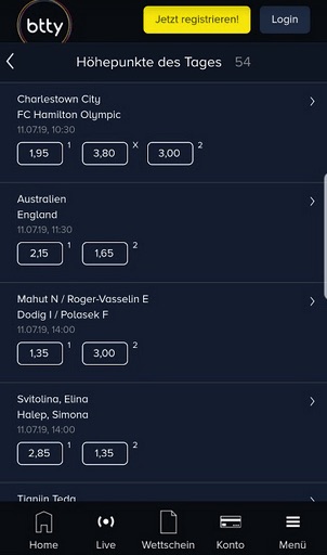 Wetten in der btty App: Screenshot